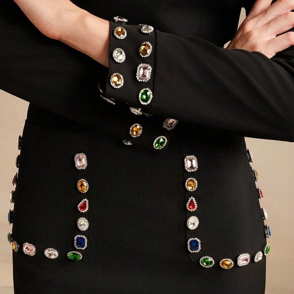 Black Elegant Women's Rhinestone Embellished Long Sleeve Short Dress - Picture 2 of 7